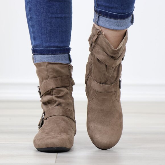 Taupe Faux Leather Slouch Ankle Boots Side Zipper Buckle Strap Flat Sole - Picture 9 of 12
